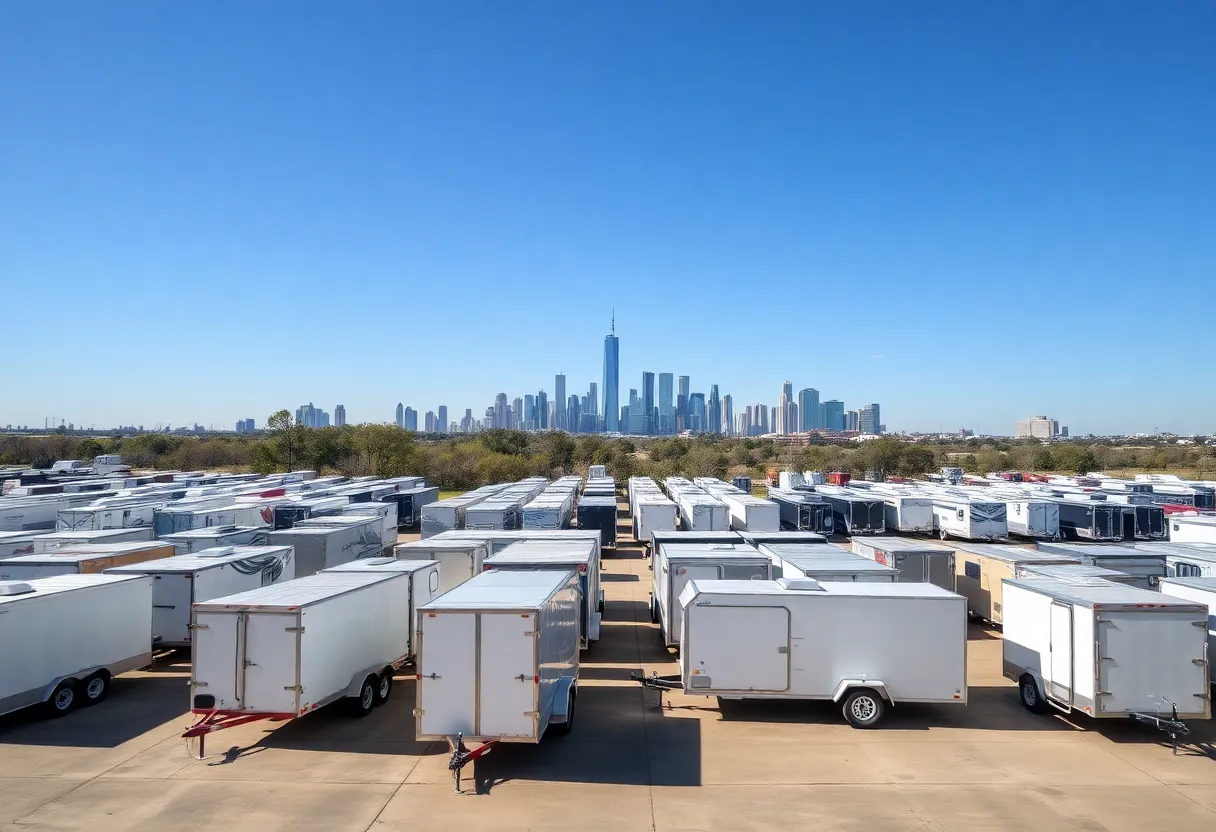 Fleet of rental trailers from AMD Trailer Rental in Dallas with city skyline