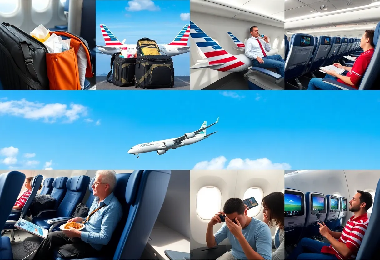Passengers on an American Airlines flight enjoying complimentary snacks and entertainment.