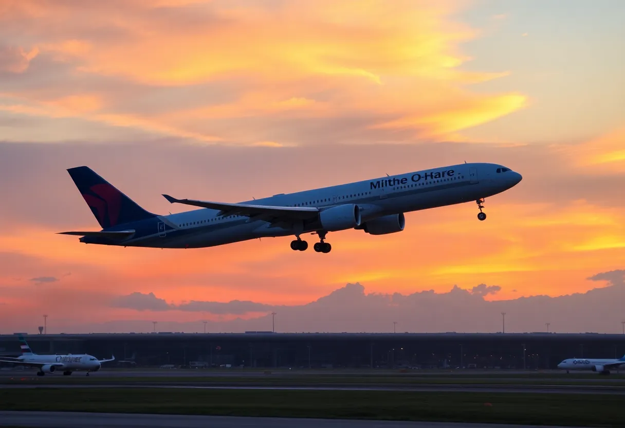 Airplane flying over Chicago O'Hare Airport at sunset