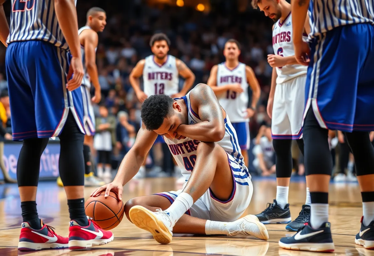 Basketball player dealing with injury during a game