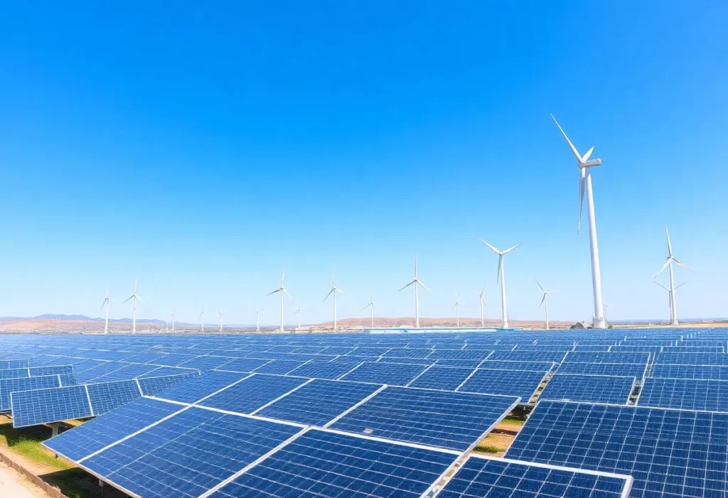 Renewable energy projects featuring solar panels and wind turbines