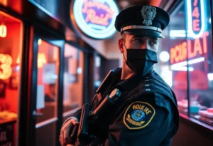 Police conducting a raid at a local establishment.