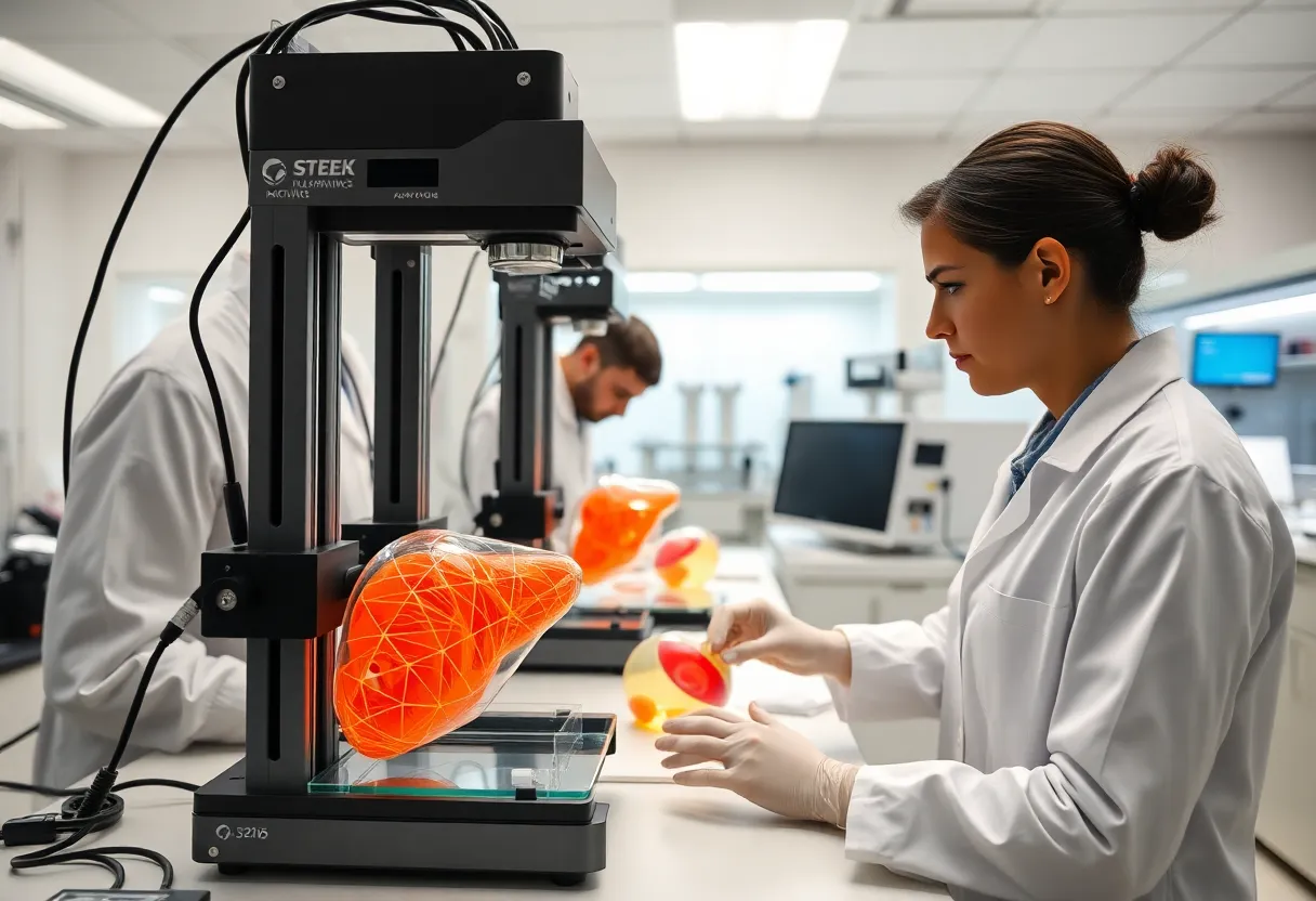 Scientists working on the 3D printing of functional artificial livers in a laboratory.