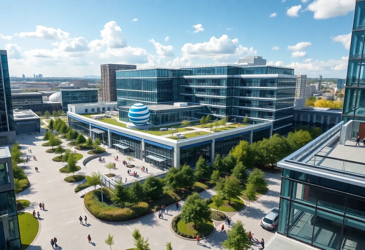 Depiction of AT&T's modern headquarters campus in Plano, Texas.
