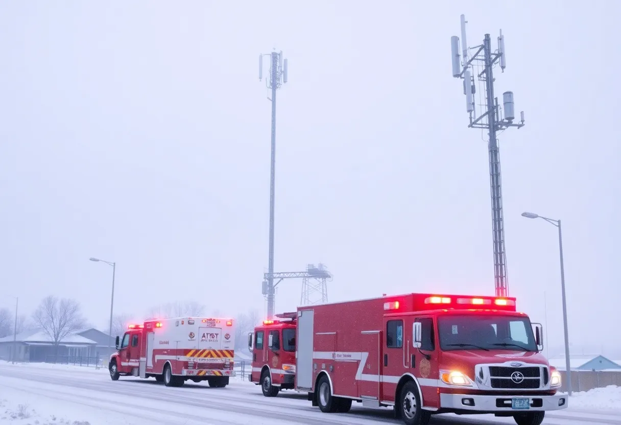 AT&T cell tower equipped with generators amidst snowfall in Dallas.