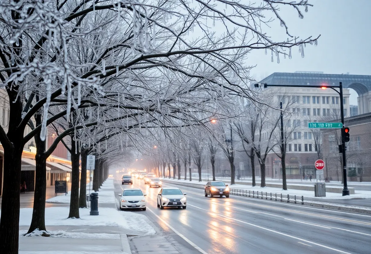 Urbane Austin landscape covered in ice due to severe winter storm
