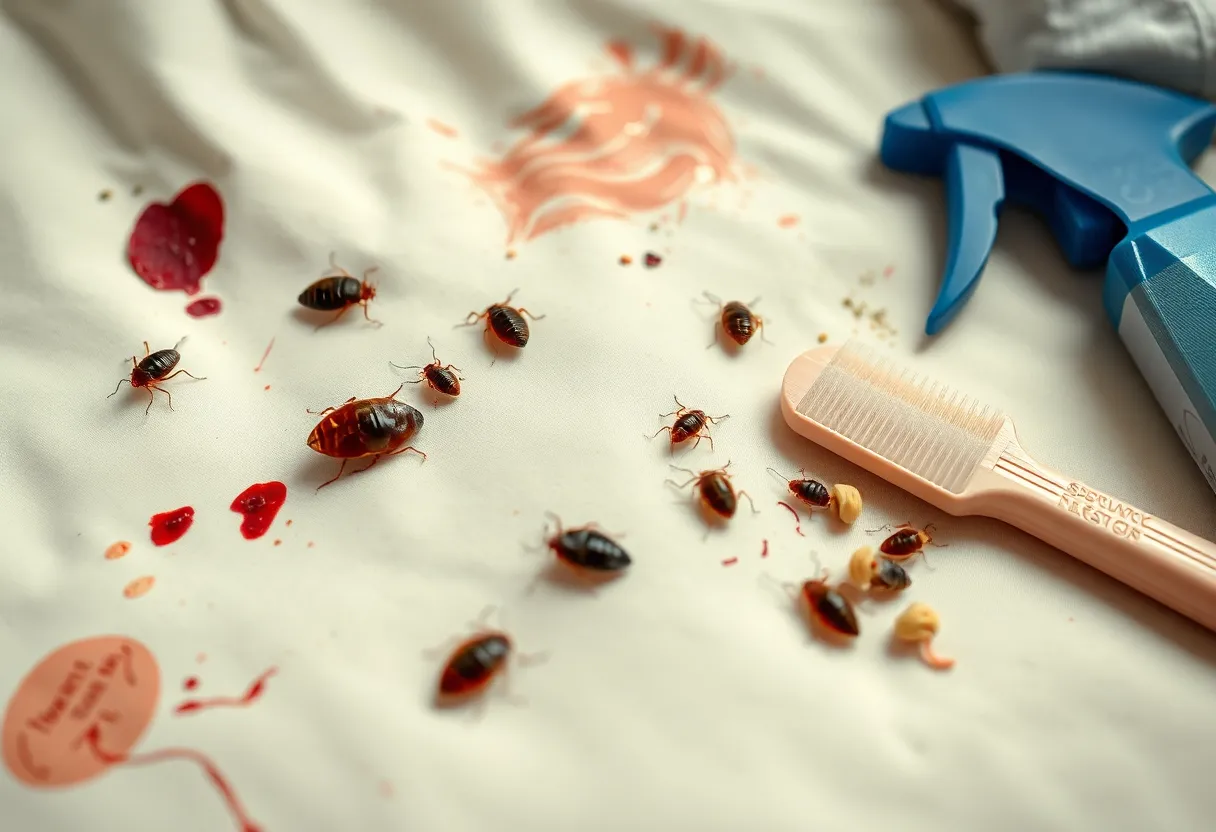Close-up of bedbugs on bedding with cleaning tools