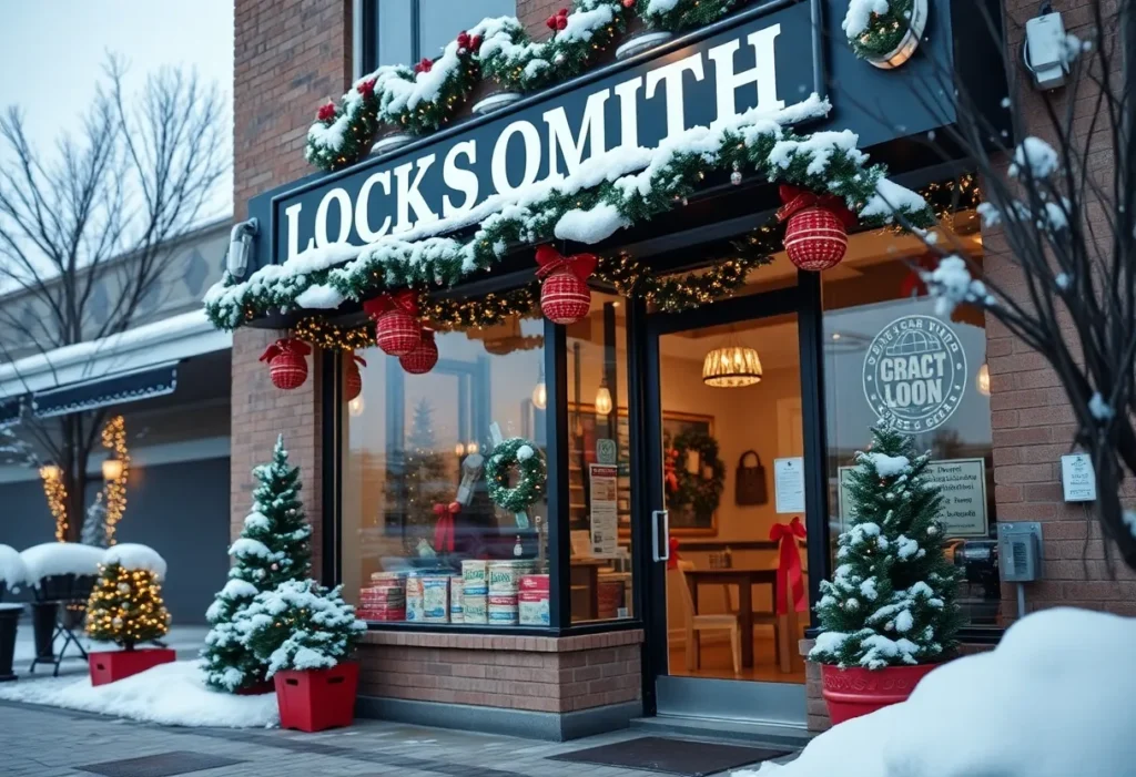 Best Locksmith Dallas storefront decorated for winter promotion