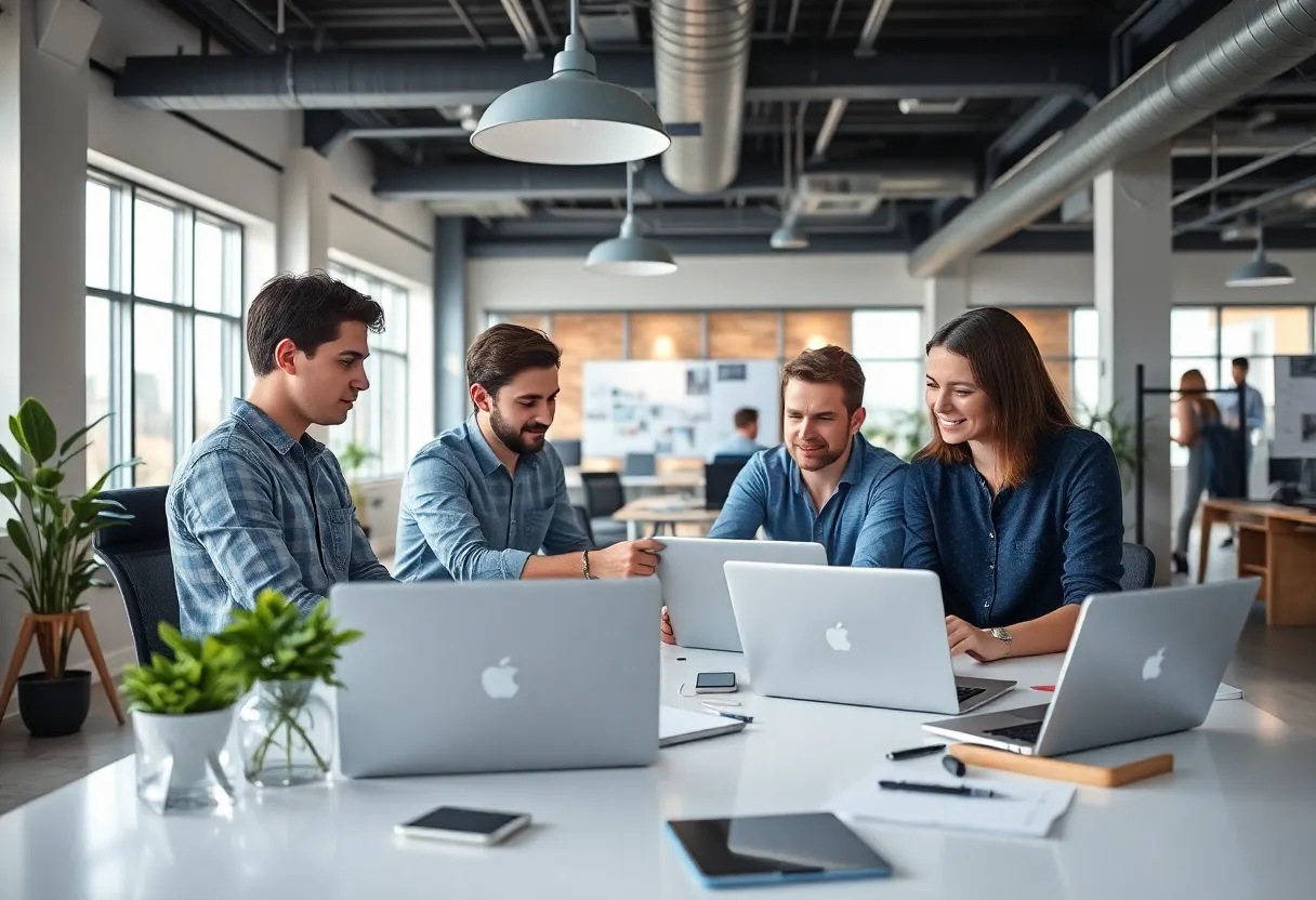 Web design team collaborating in a modern office environment