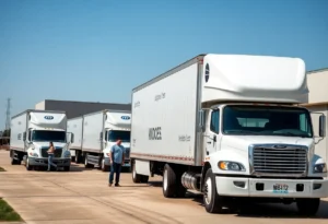 BluePoint Moving trucks at a commercial relocation site in North Texas