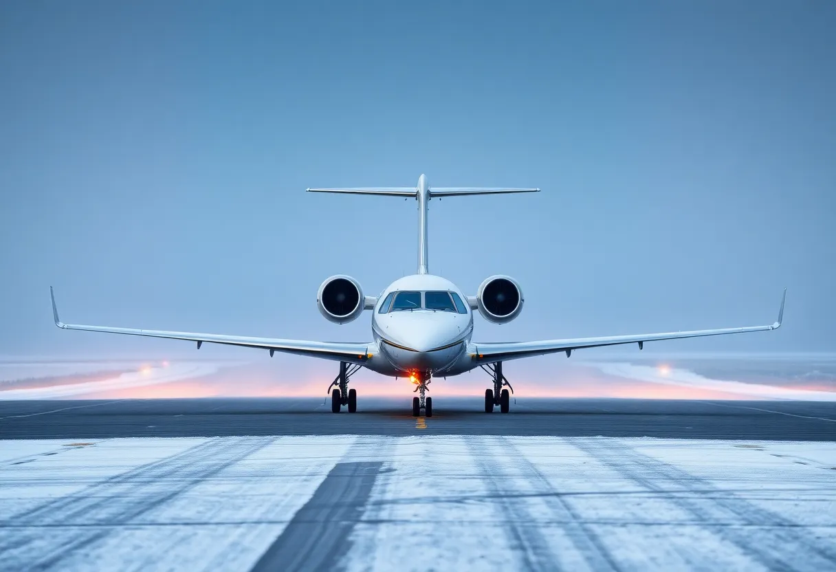 Bombardier Challenger 600 private jet on runway in snowy conditions
