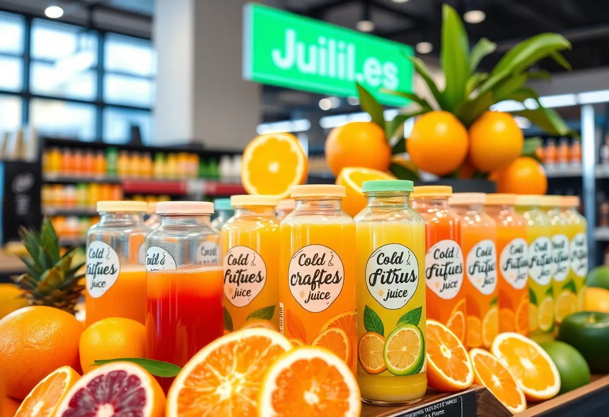 Display of Buda Juice's cold-crafted citrus juices