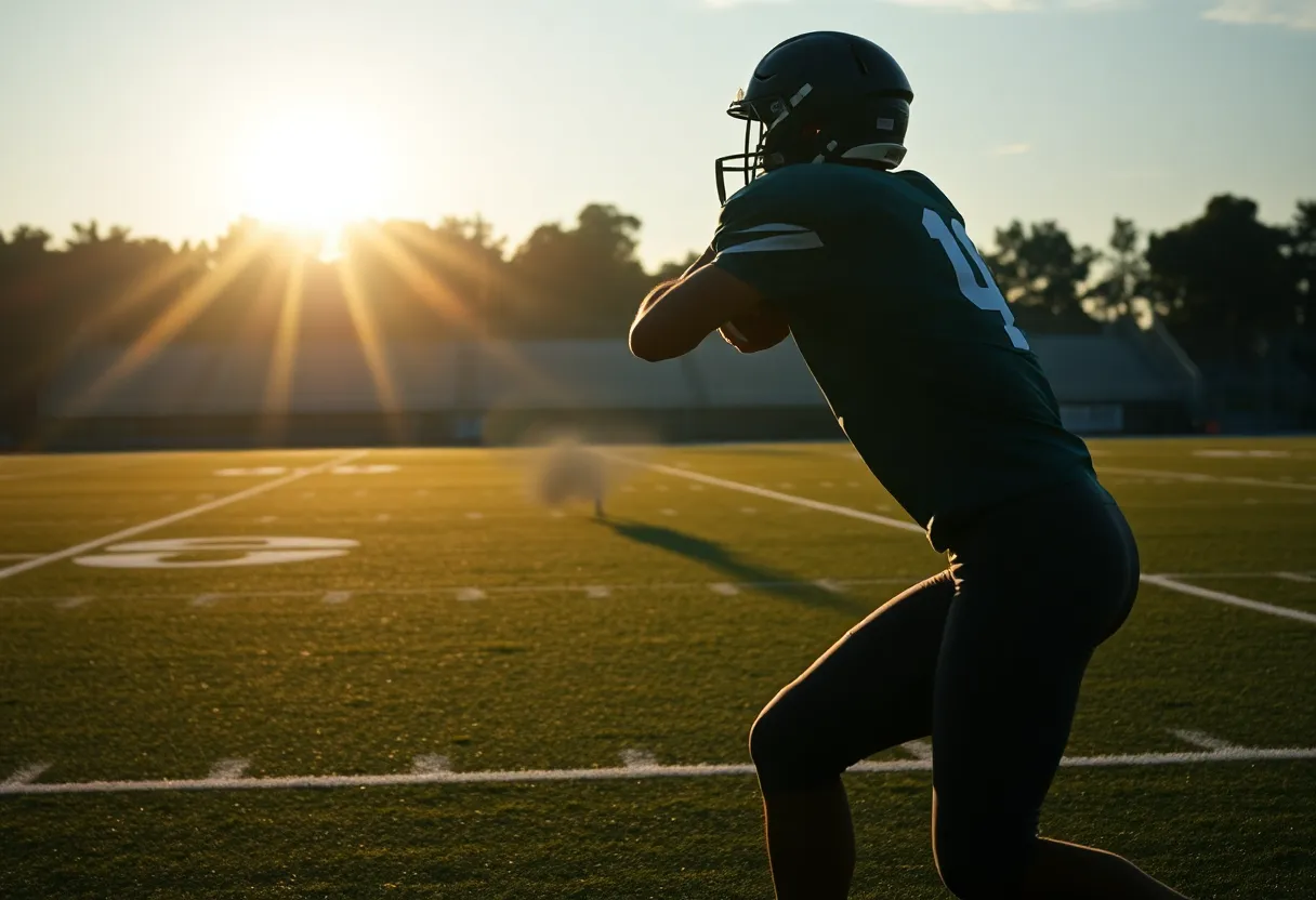 Silhouette of a quarterback on a football field symbolizing resilience.