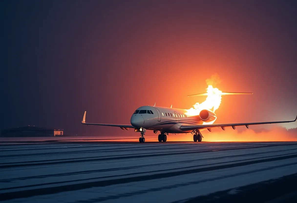 Business jet on fire at Bangor International Airport during a snowstorm