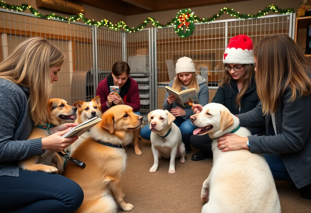 Volunteers calming shelter dogs during New Year's Eve event
