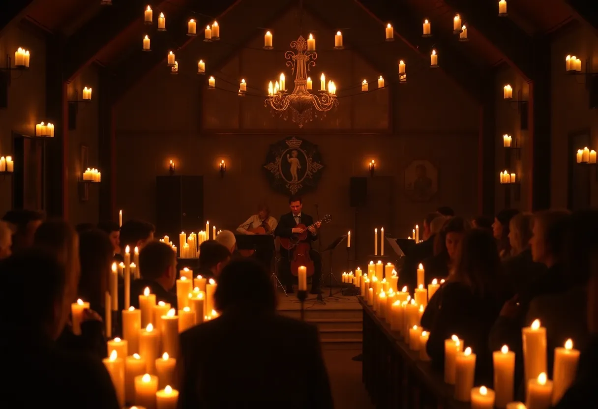 A live string quartet performing in a candlelit setting during the Candlelight Tribute to Drake.