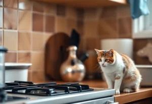 A cat near a stove emphasizing the importance of kitchen safety