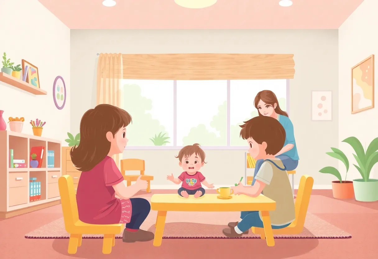 Illustration of kids playing safely under supervision in a day care environment.