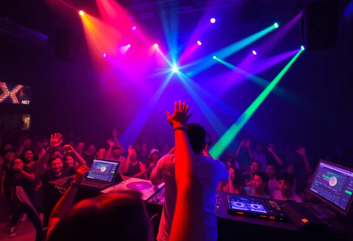 Chris Schambacher performing at SILO Dallas with a colorful light display and energetic crowd