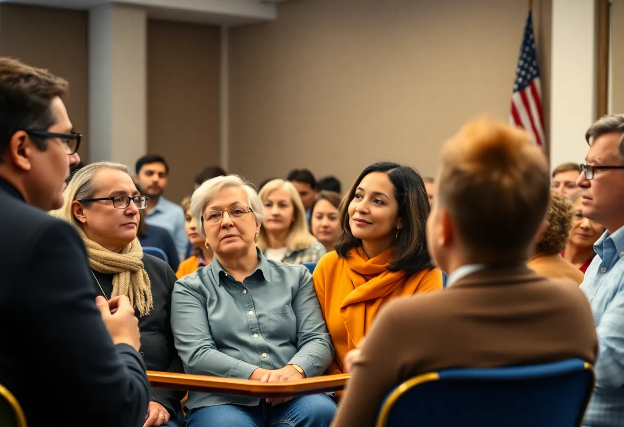 Community members discussing local issues at a town hall meeting