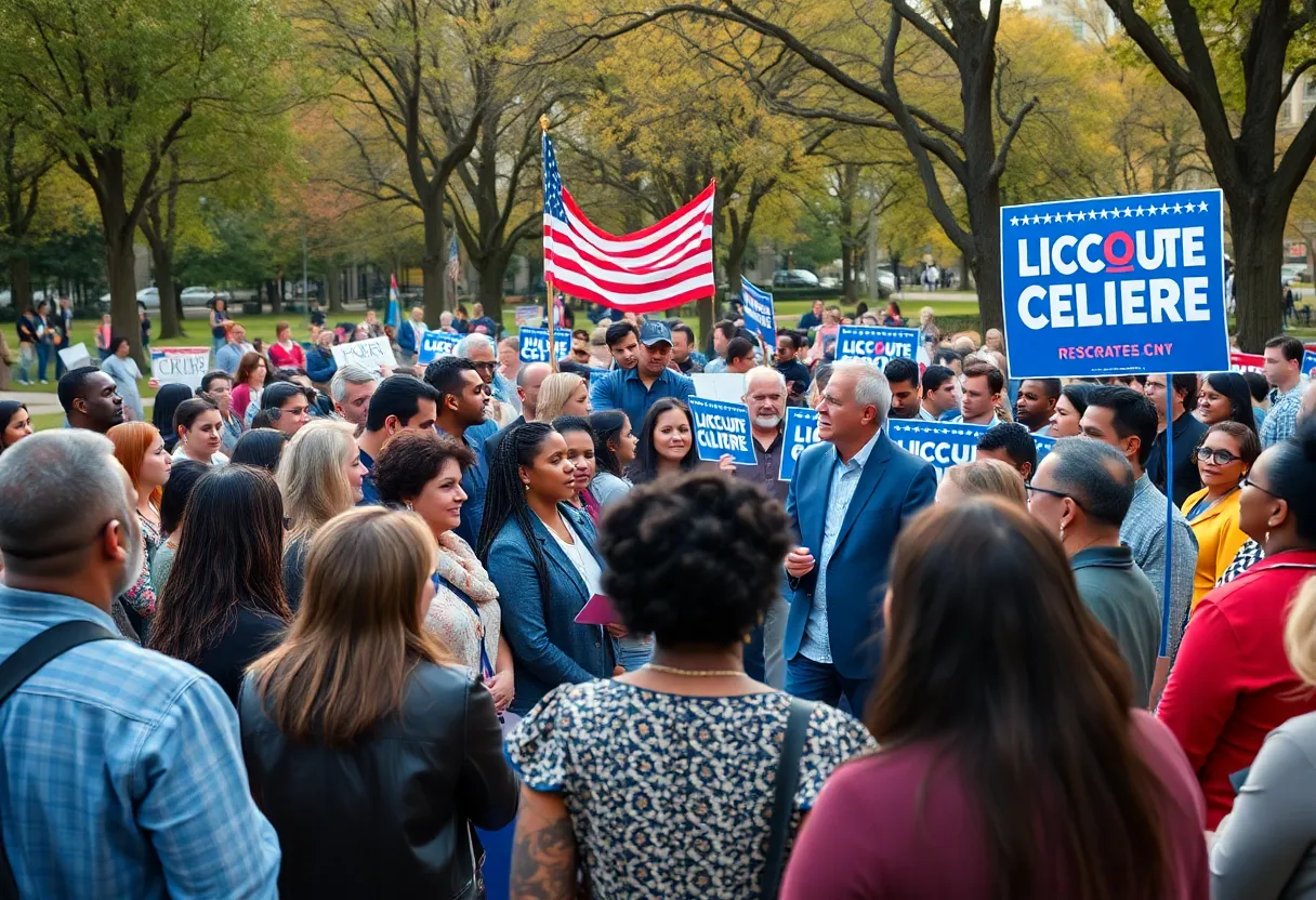 Community members gathering at a political rally supporting a candidate