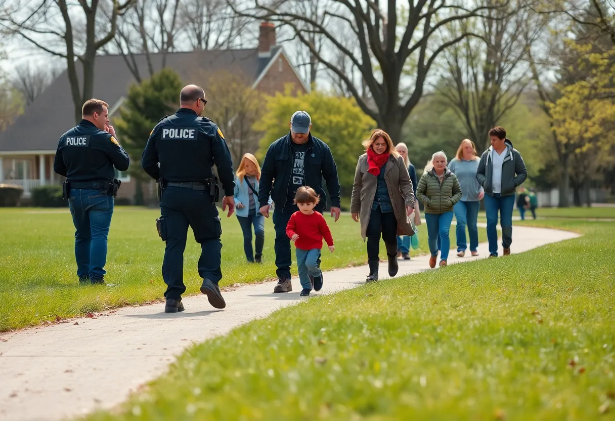 Community members and police searching for a missing child in a park.