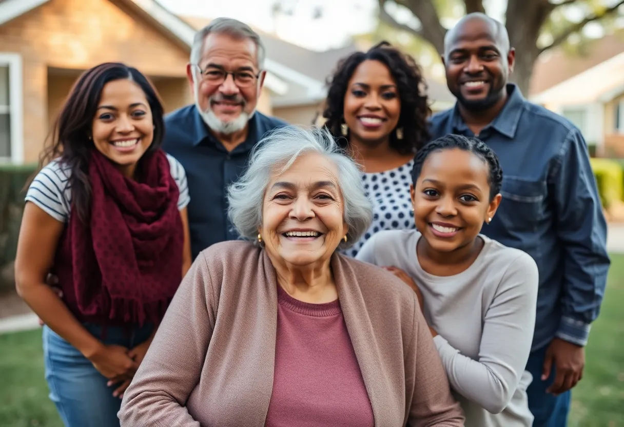 A cheerful elderly woman with her family in a suburban Dallas setting.