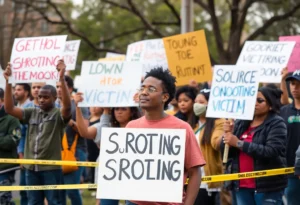 Community members gather in support of a shooting victim outside a store.