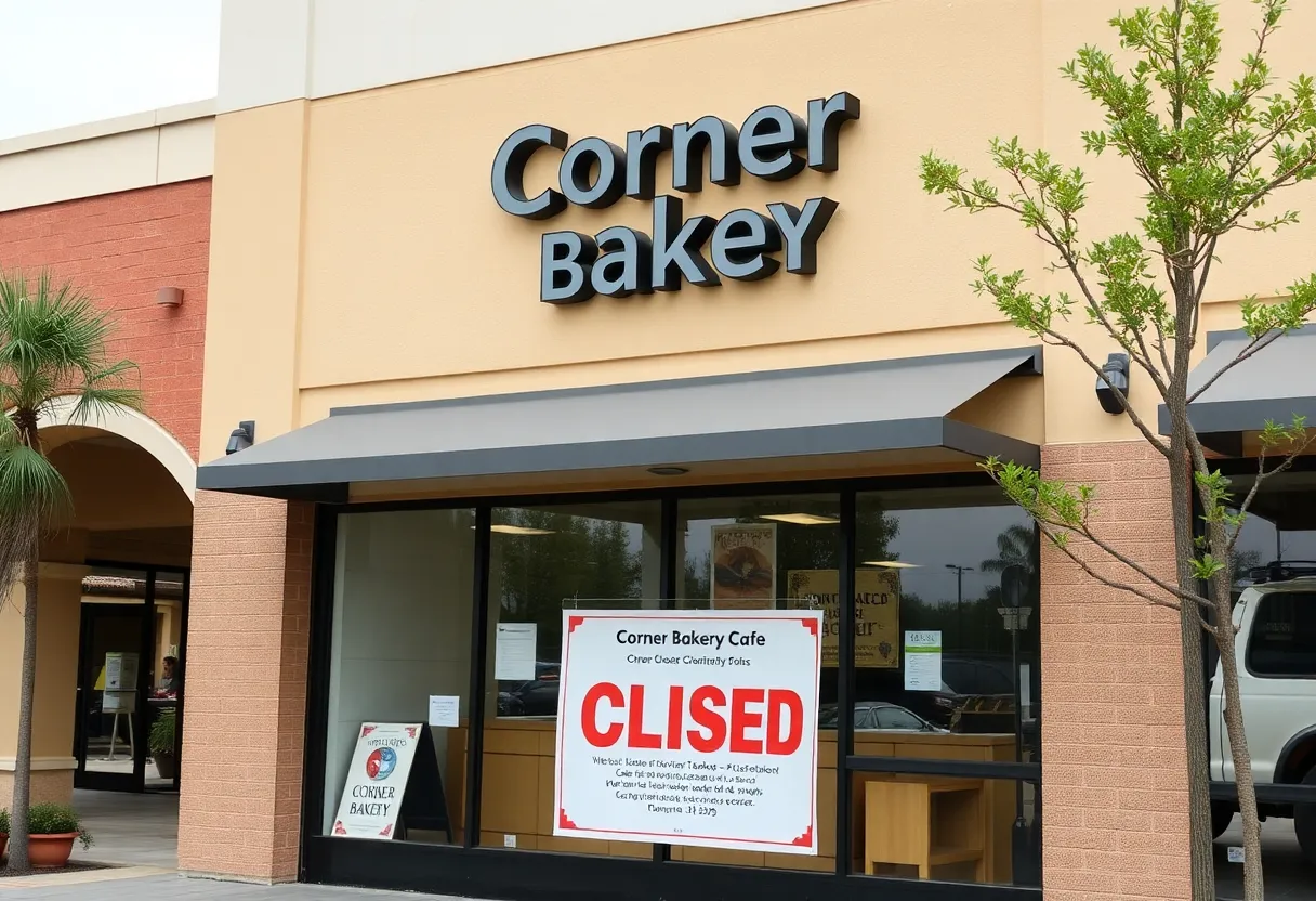 Front of the closed Corner Bakery Cafe with a sign indicating its closure