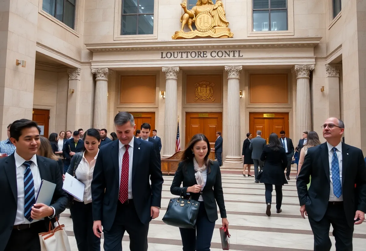 Courthouse scene in Houston with legal professionals