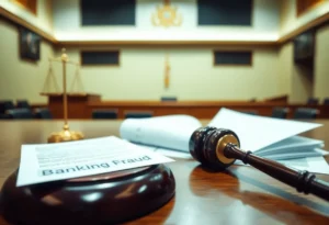 A courtroom scene representing financial fraud sentencing