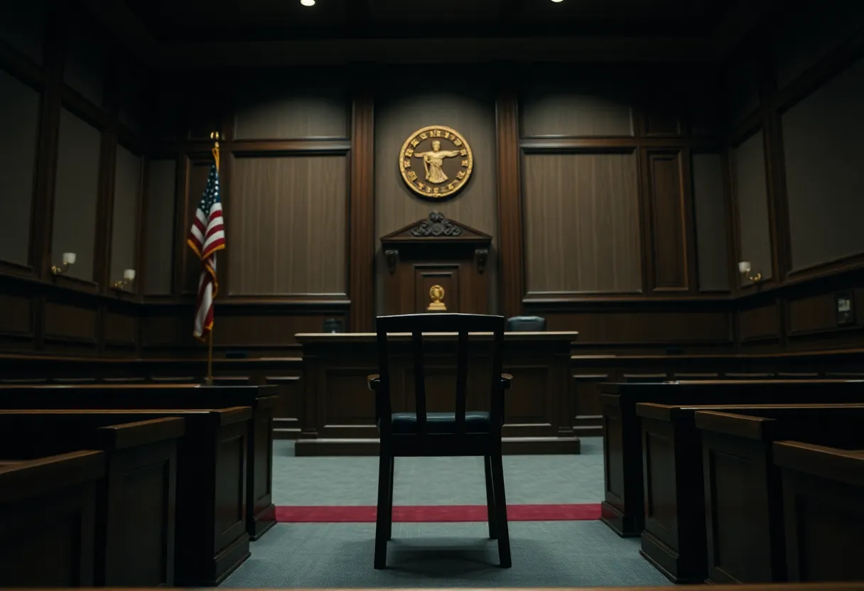 Courtroom scene with an empty chair symbolizing absence and loss