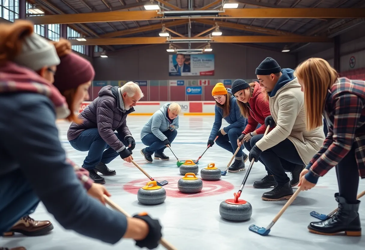 Participants learning Olympic curling at DFW Curling Club
