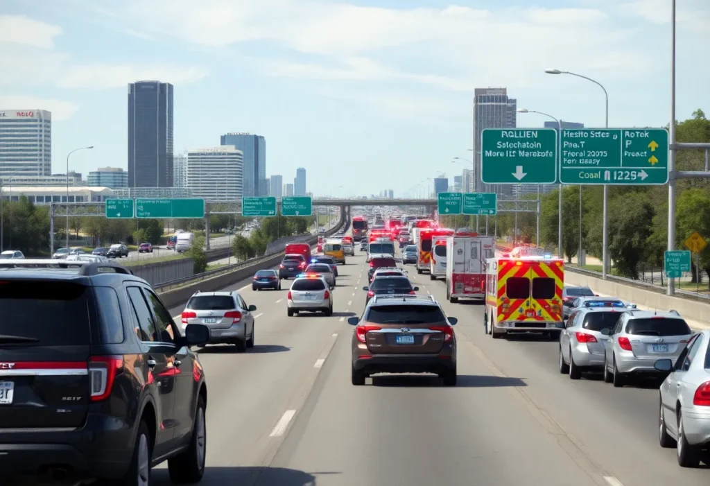 Emergency response crews at the scene of a vehicle collision on R.L. Thornton Freeway in Dallas.