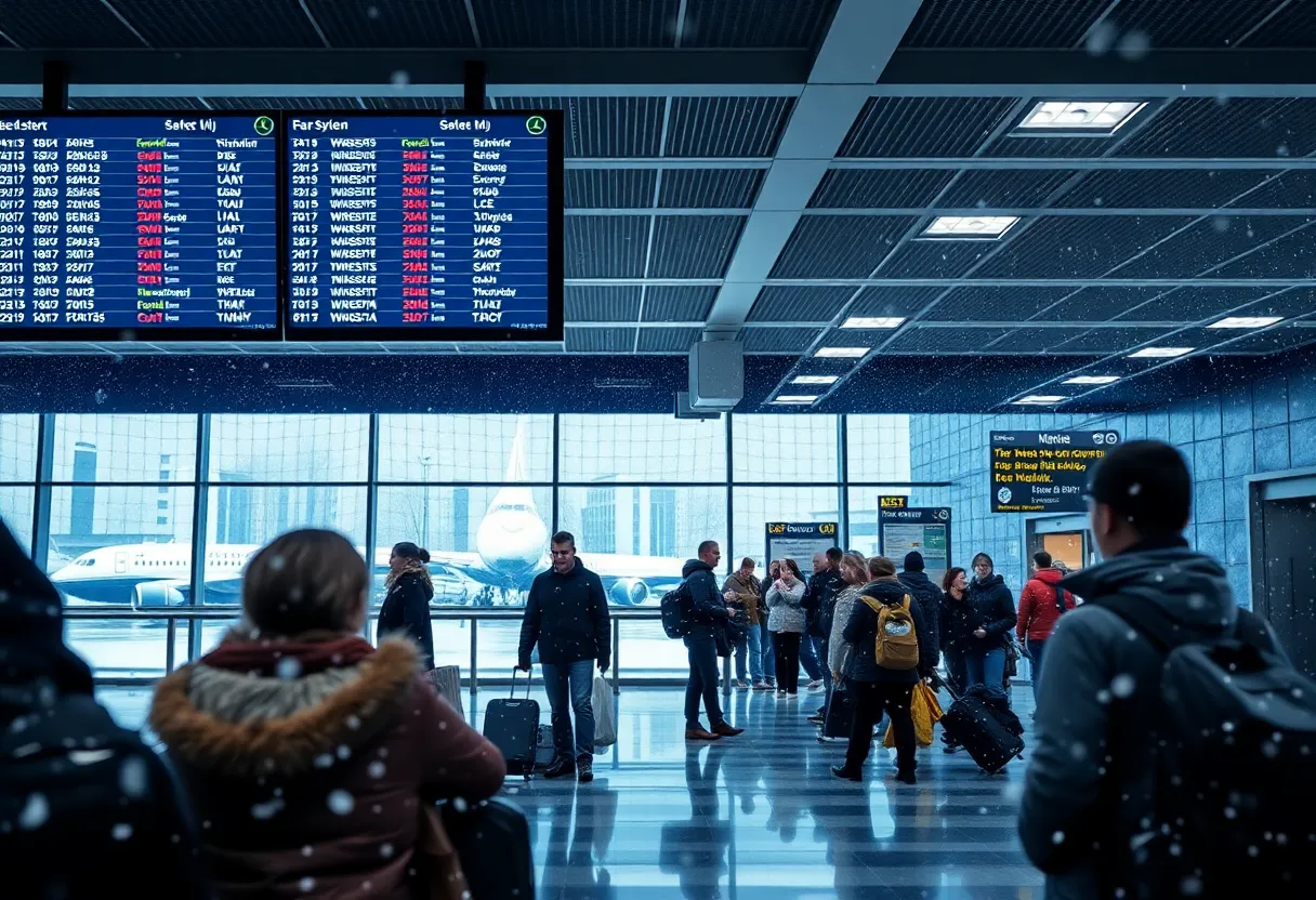 Dallas airport terminal with winter storm conditions outside