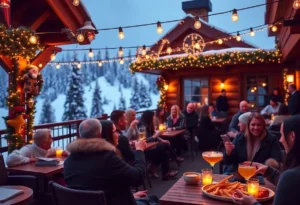 Guests enjoying the Alpine pop-up at Haywire Plano with ski lodge decorations.