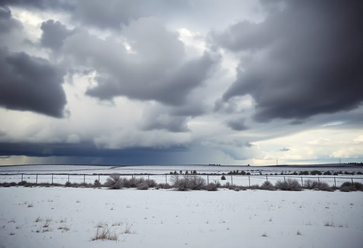 Snow-covered Texas Panhandle landscape with stormy skies.