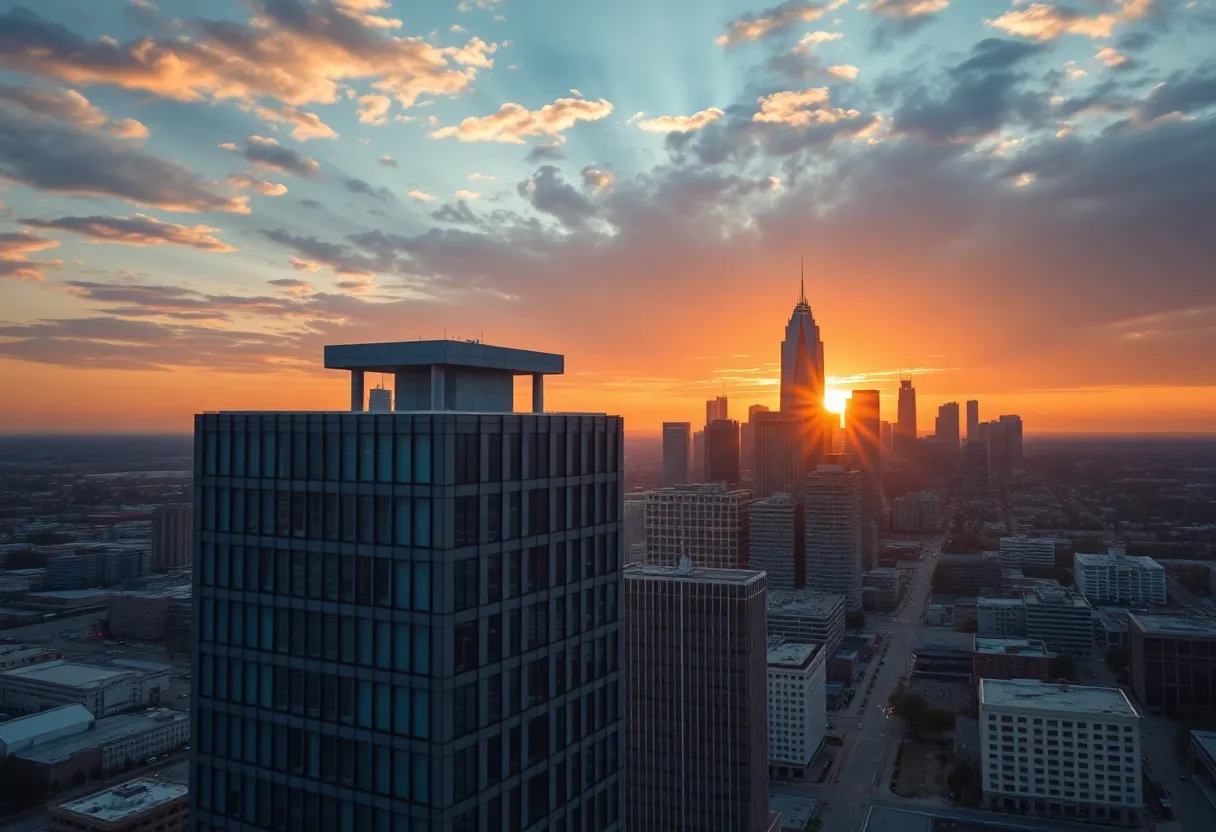 Aerial view of a banking building in Dallas, Texas with skyline
