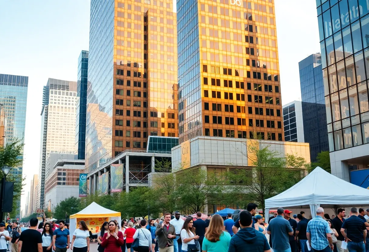 Dallas business skyline with bustling activity.