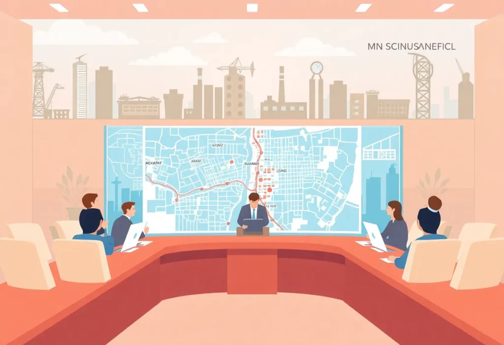 Illustration of a city council discussing zoning proposals in Dallas.