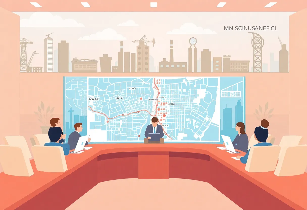 Illustration of a city council discussing zoning proposals in Dallas.