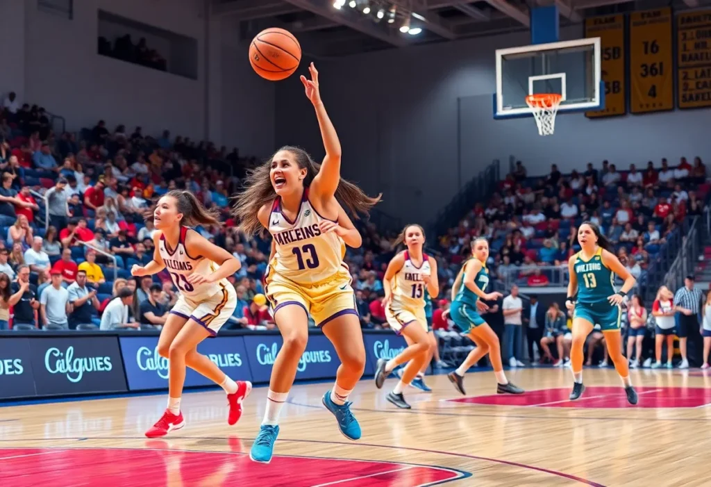 Female basketball players in action during a college game.