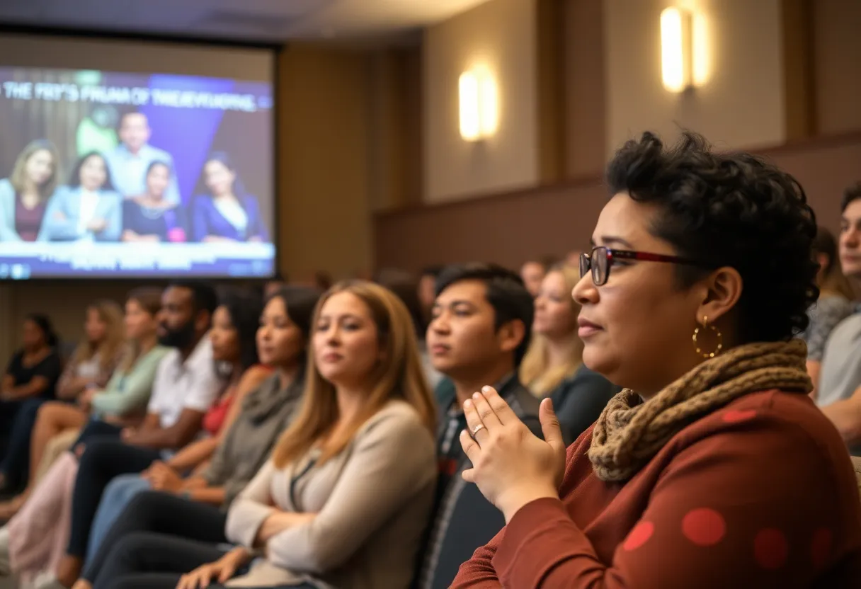 Audience watching a film at Dallas College screening event.