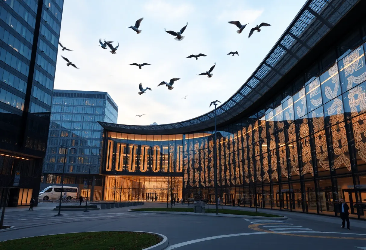 A view of the Dallas Convention Center with bird-friendly features