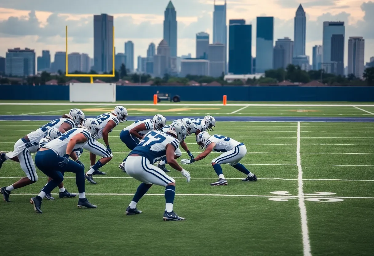 Dallas Cowboys players in defensive formation on the football field