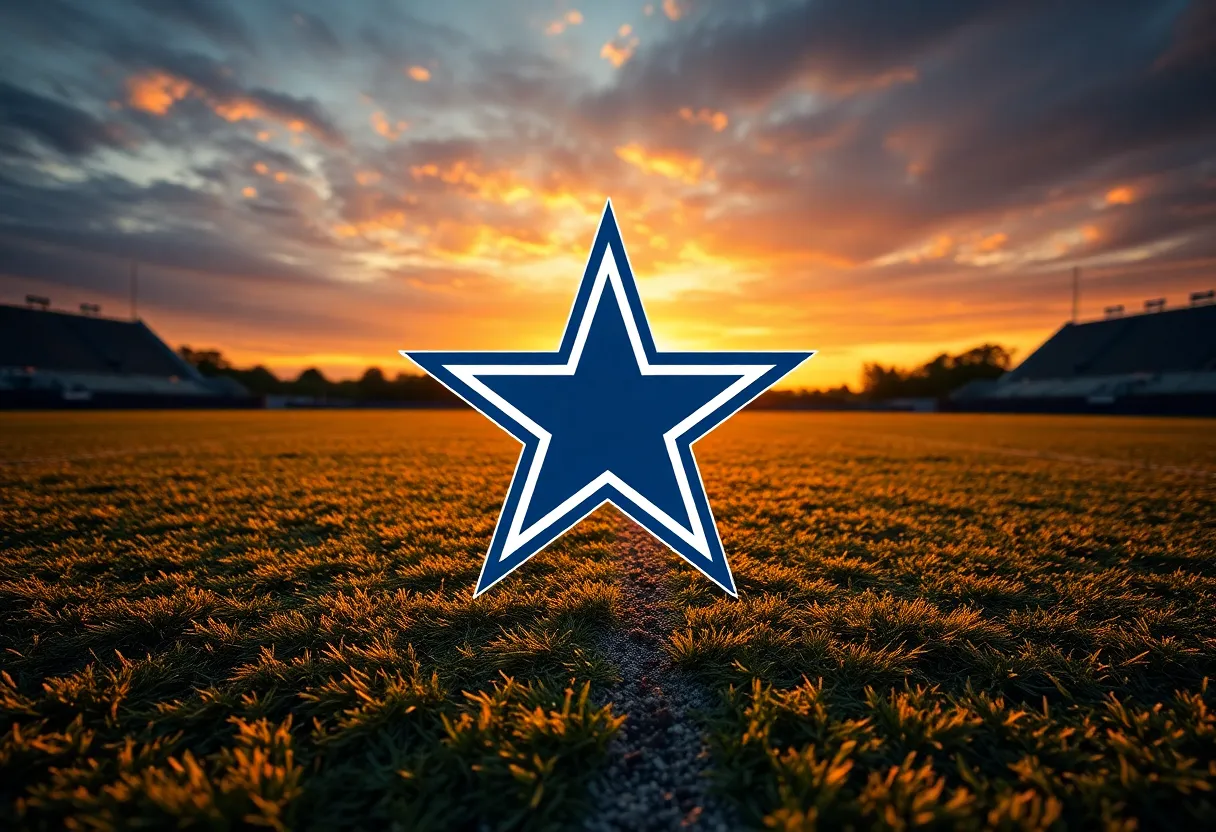 Dallas Cowboys logo on a football field indicating new leadership in coaching.