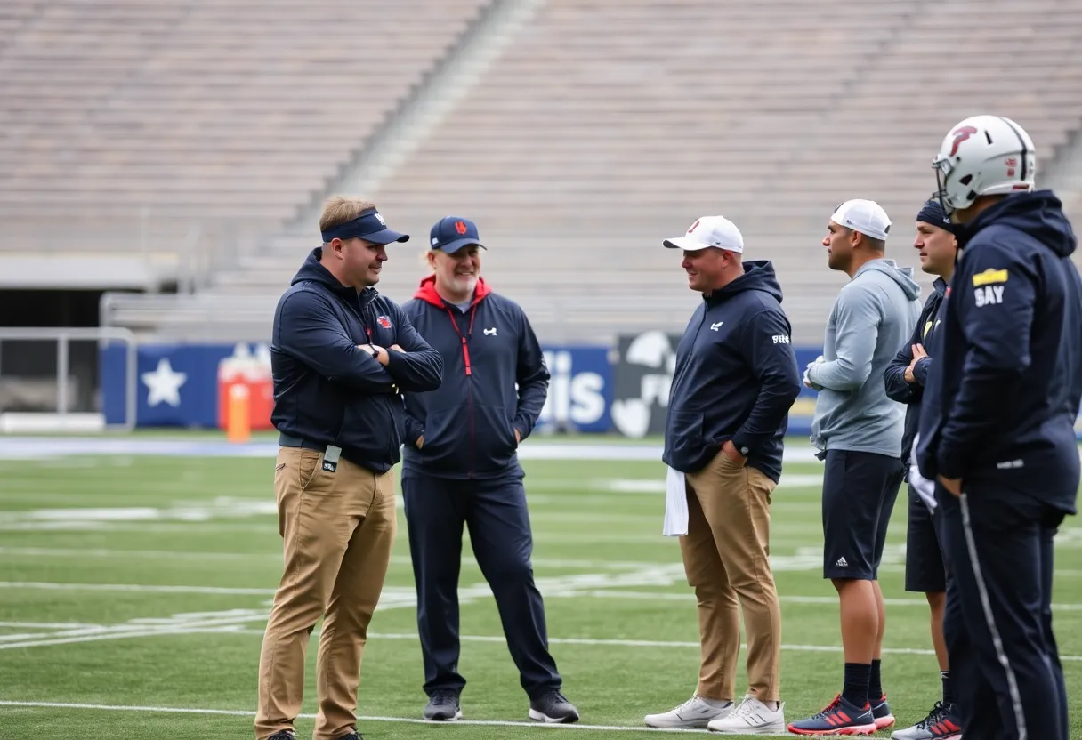 Discussion among coach candidates on a football field