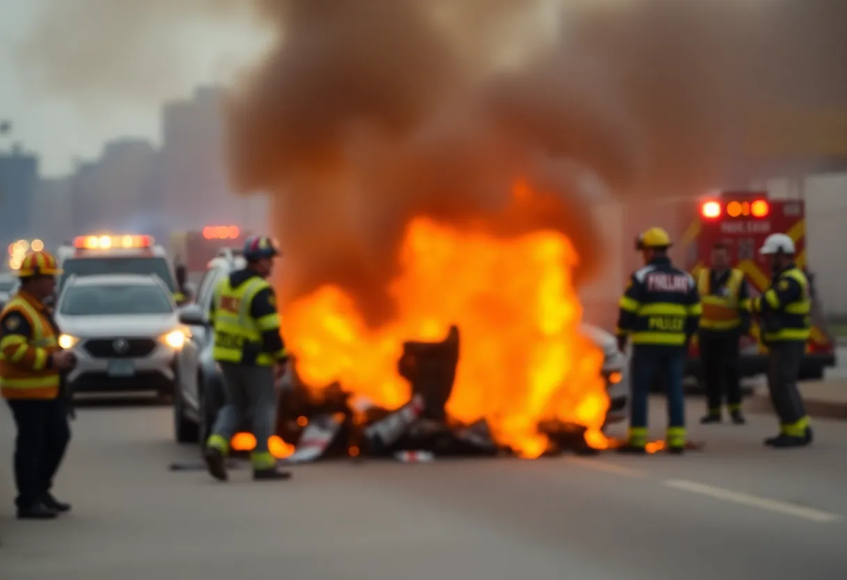 Emergency responders at the scene of a crash in Dallas with smoke and flames.