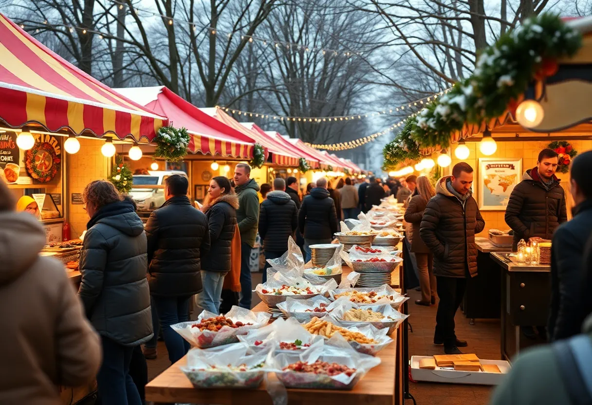 A bustling food festival in Dallas with diverse cuisine options and happy attendees.