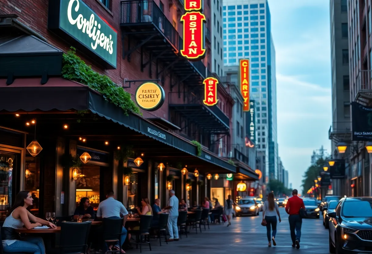Vibrant Dallas street featuring restaurants and nightlife